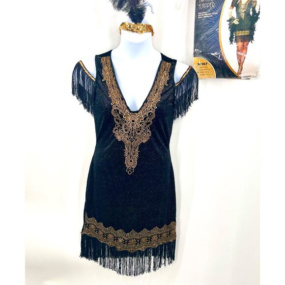 SPIRIT SWANKY FLAPPER GOLD BLACK DRESS & SEQUIN FEATHR HEADBND HALLOWEEN COSTUME - Picture 2 of 7